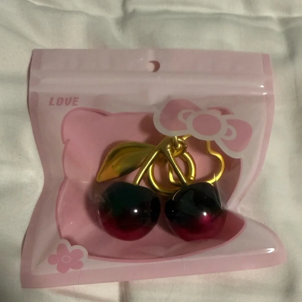 Bag Charm Gold and Red Ombré Cherry Key Fob/Bag charm with dangling heart ♥️